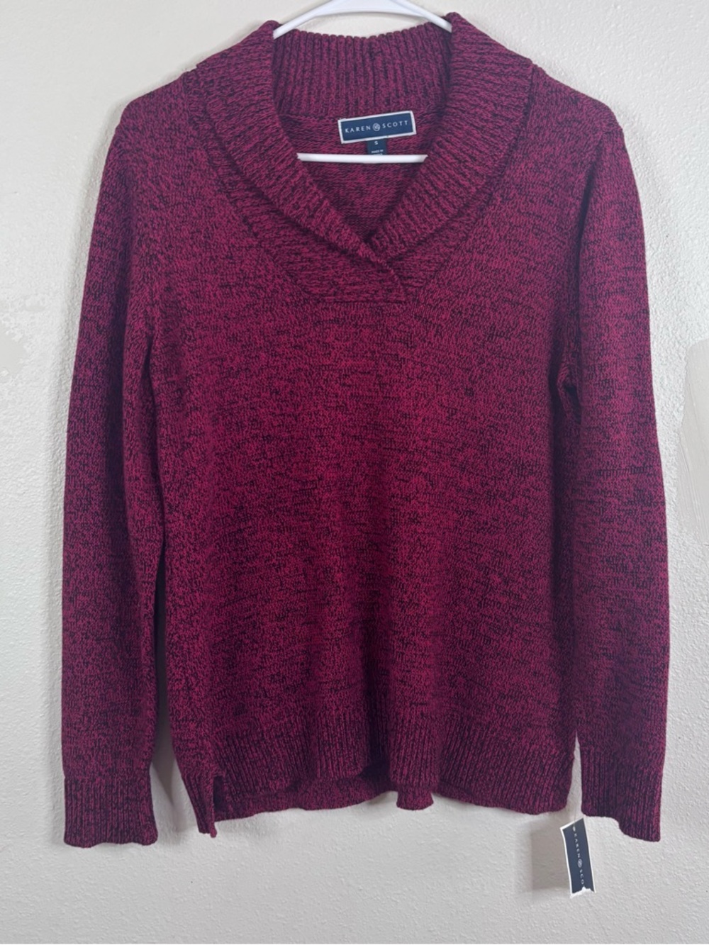 Karen Scott Marled Shawl Collar Sweater Red Black Sz Small 100% Cotton NWT